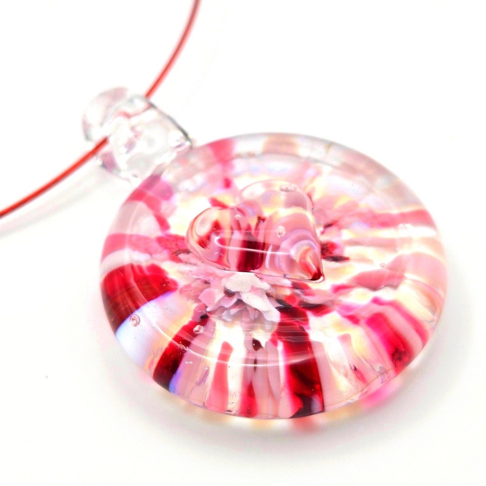 Handmade Glass Pendant Necklace Swirl Heart Design Pink Red White 18"